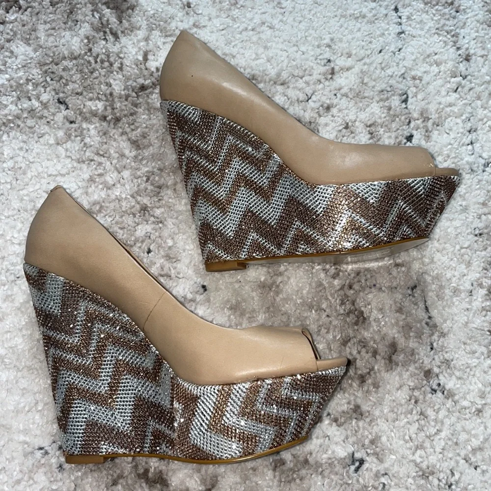 BEBE WEDGES! BRAND NEW!!! Metallic with Tan leather! Size: 6. Comes with Box!